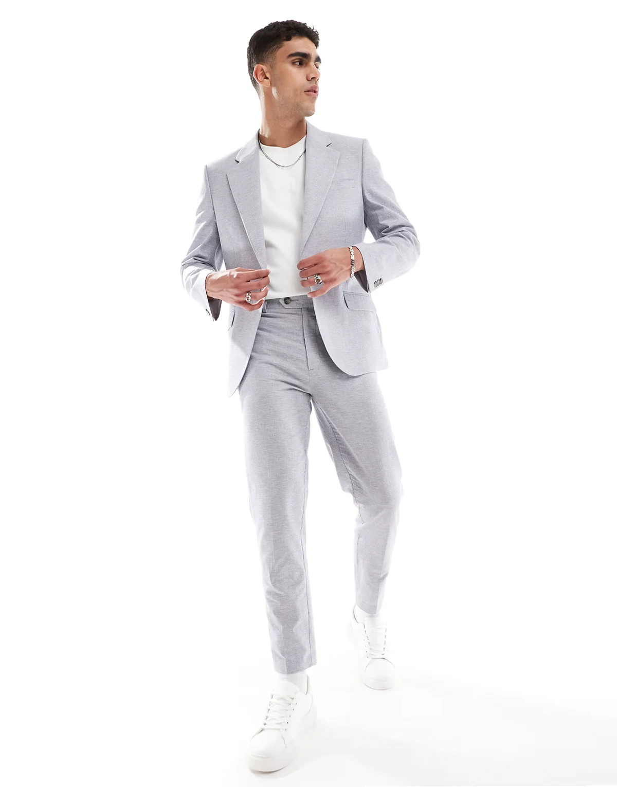 linen mix tapered suit pants in gray puppytooth