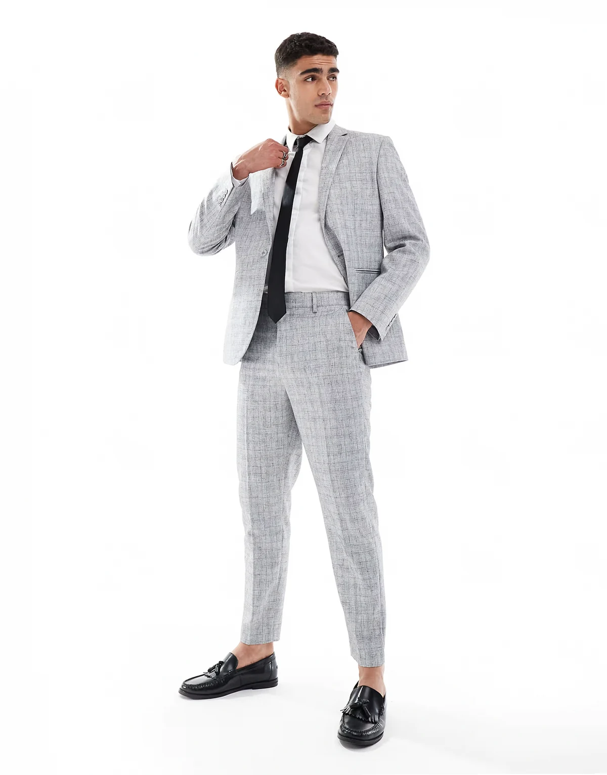 tapered cotton blend suit pants in light gray texture