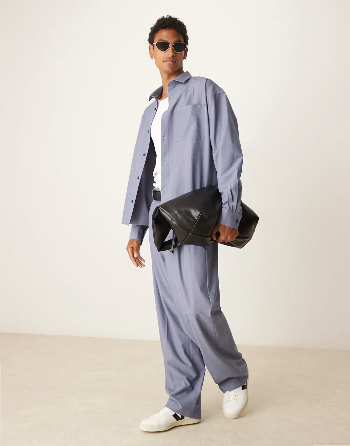 smart wide leg pants with triple pleats in light blue - part of a set