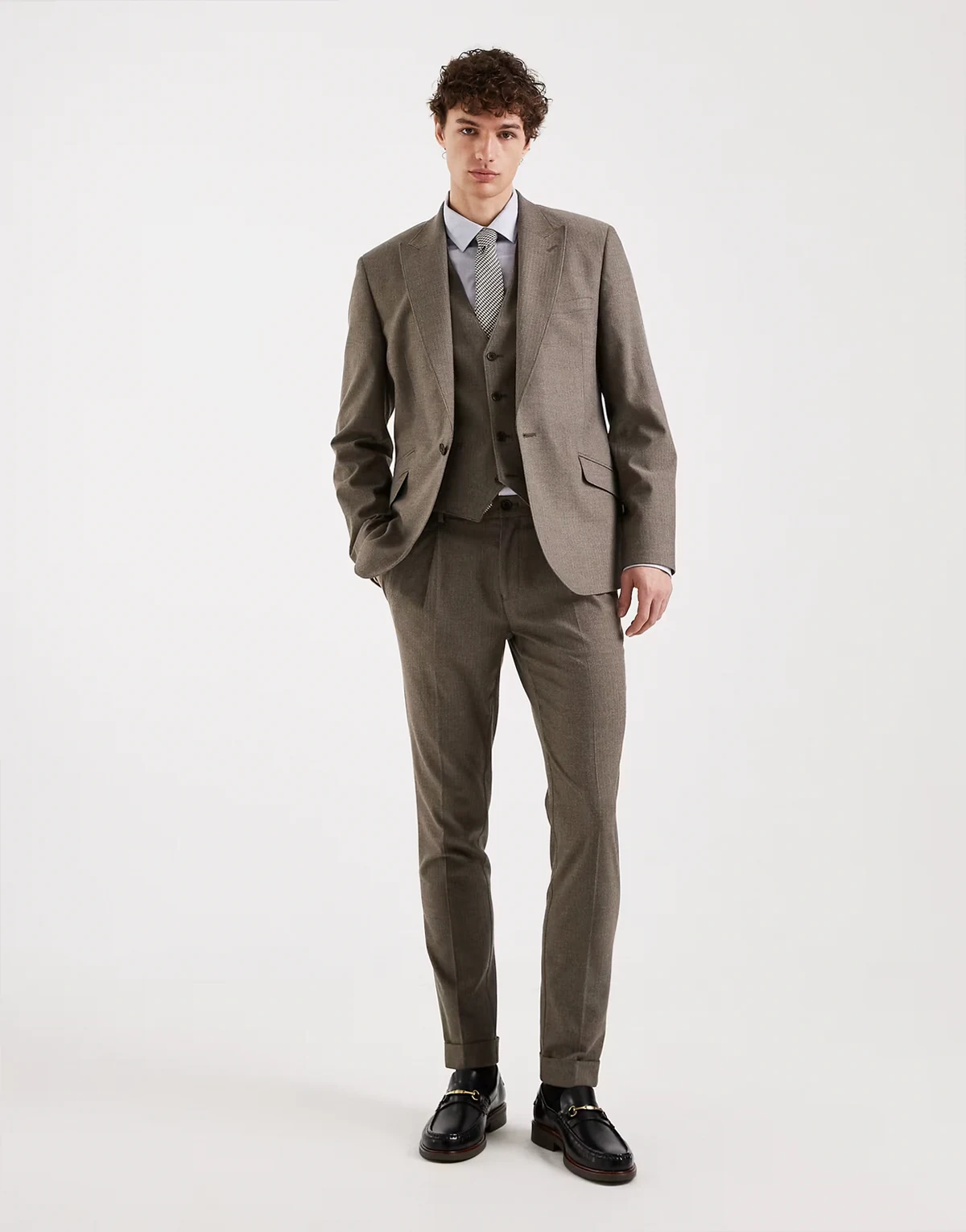 skinny wool look suit pants in khaki green herringbone flannel