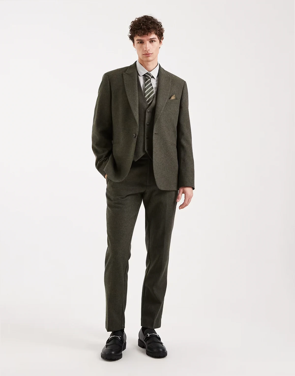 wool mix slim suit pants in khaki green herringbone