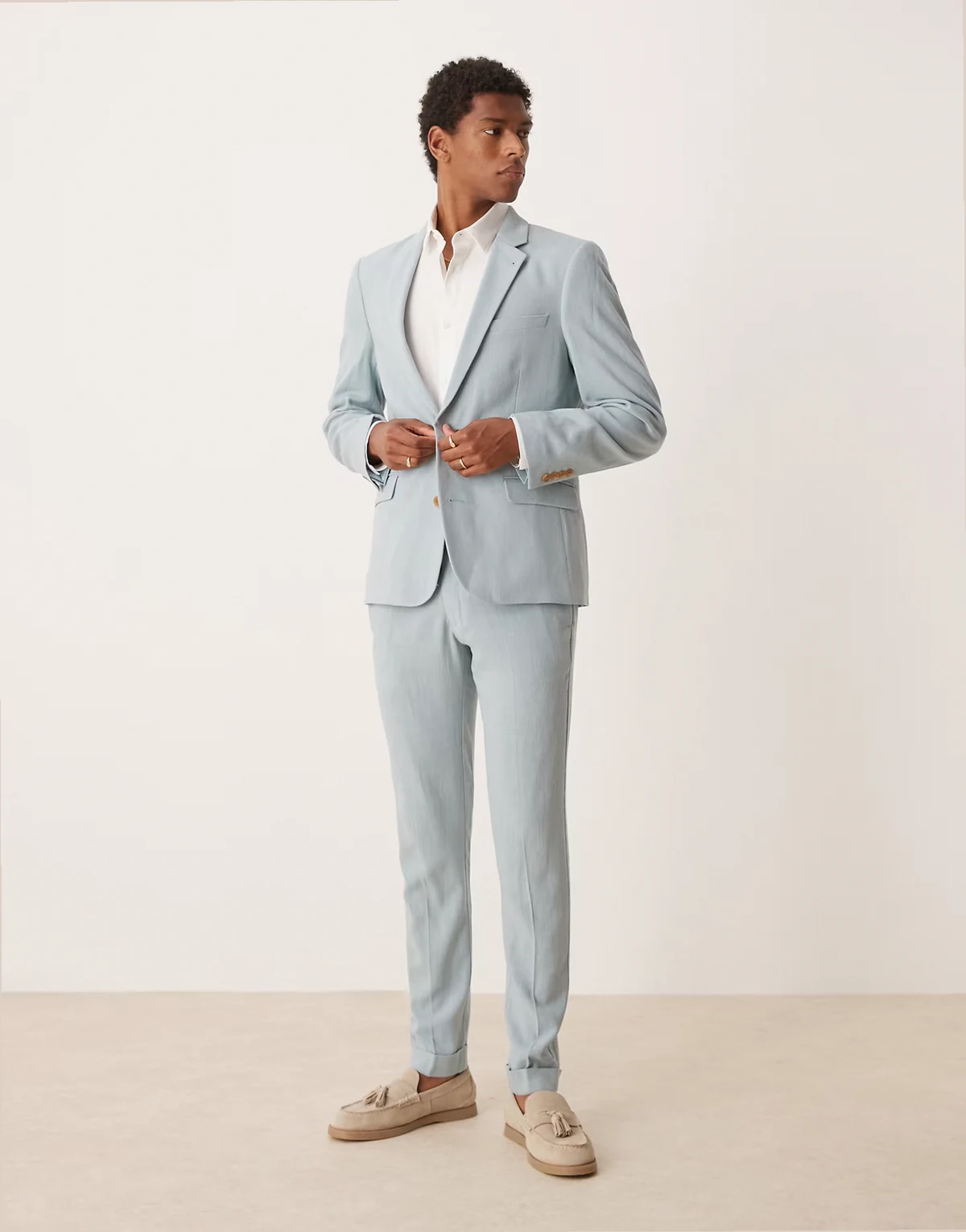 skinny suit pants with linen in light blue microtexture