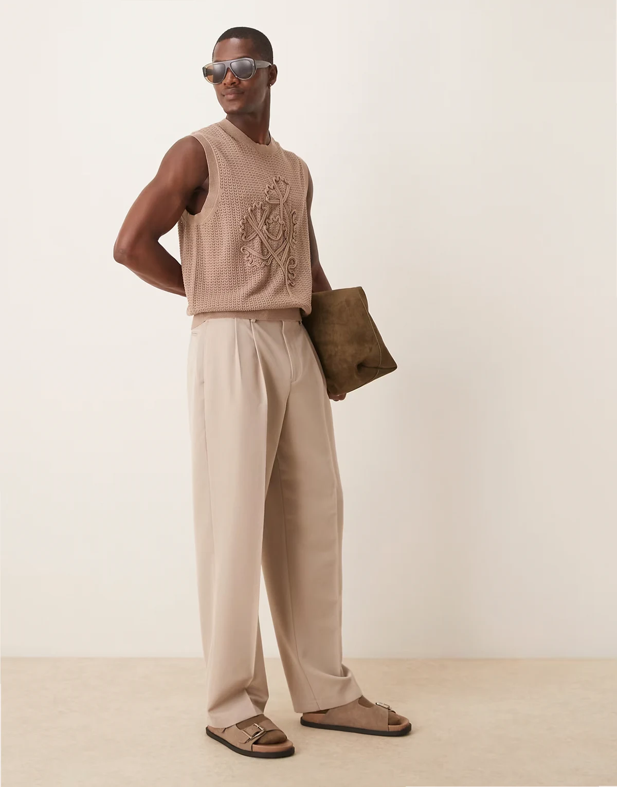 smart wide leg pants with double pleats in stone