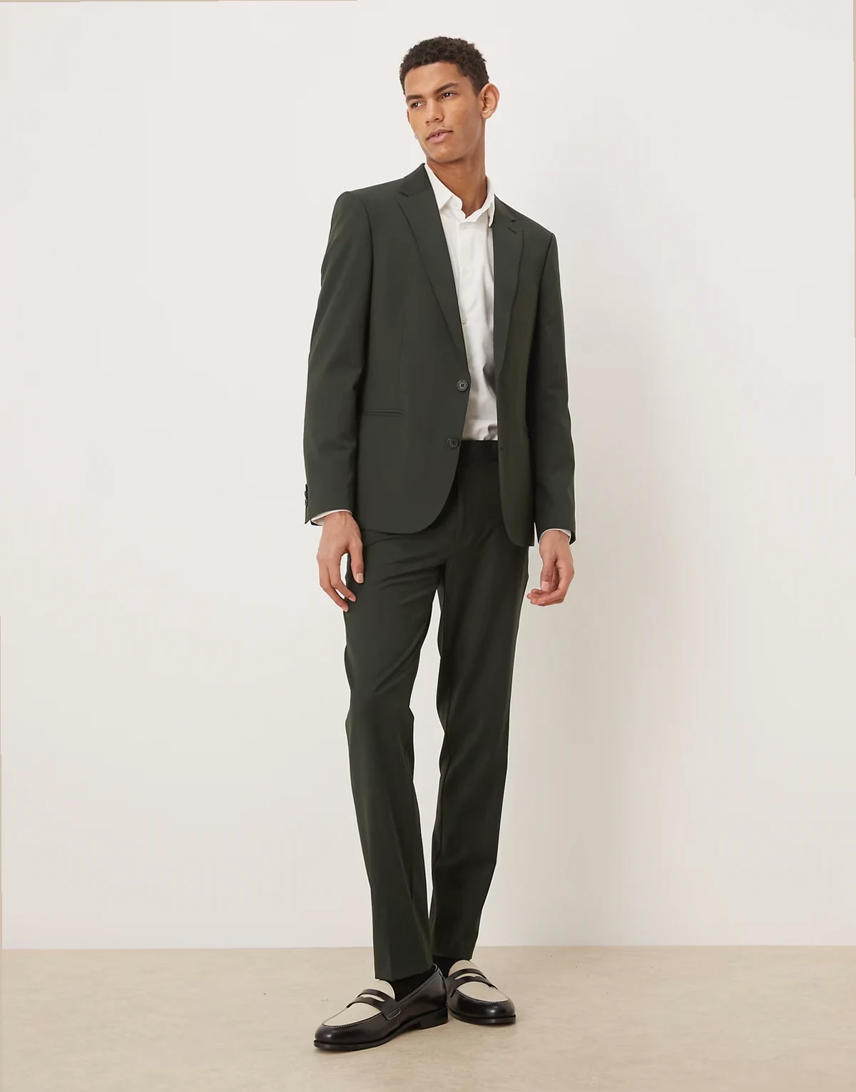 washable wool skinny suit pants in dark green