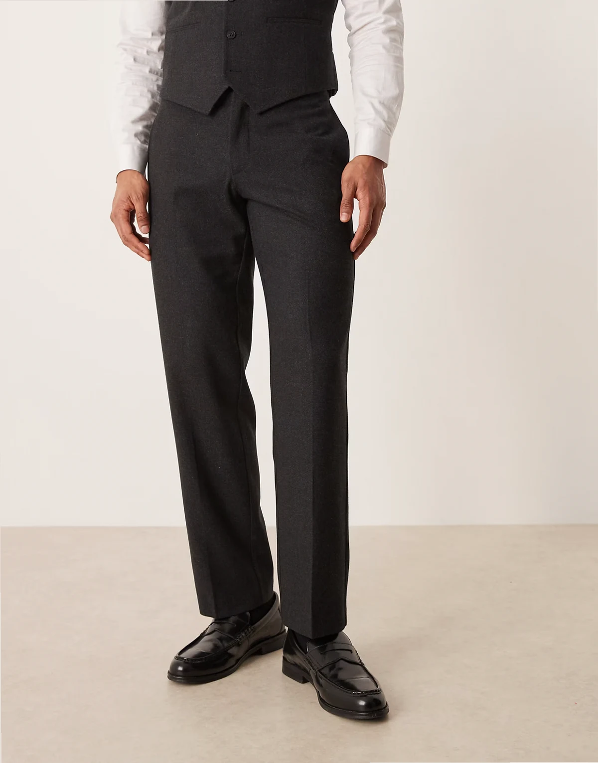 wool look straight leg suit pants in charcoal