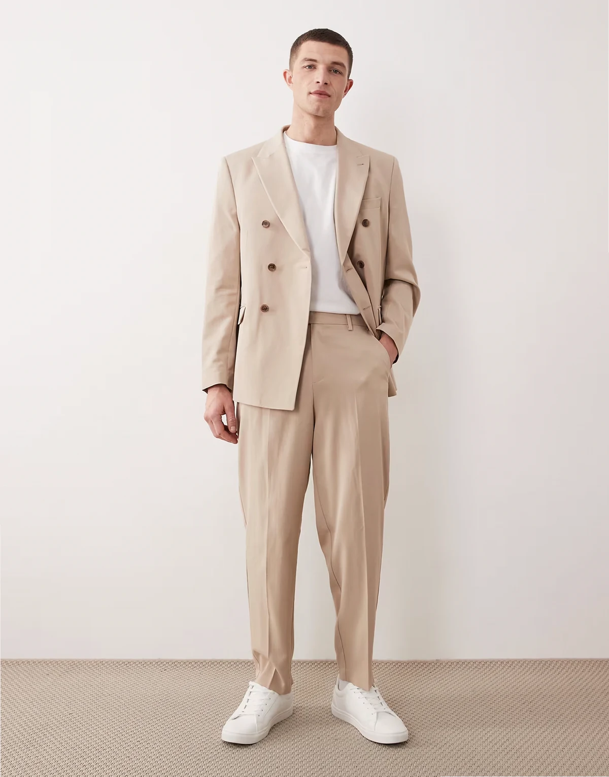 relaxed tapered suit pants in beige fine twill