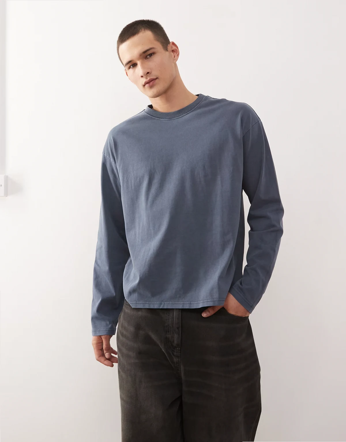 – Great – Kastiges, langärmliges Oversize-T-Shirt in Marineblau