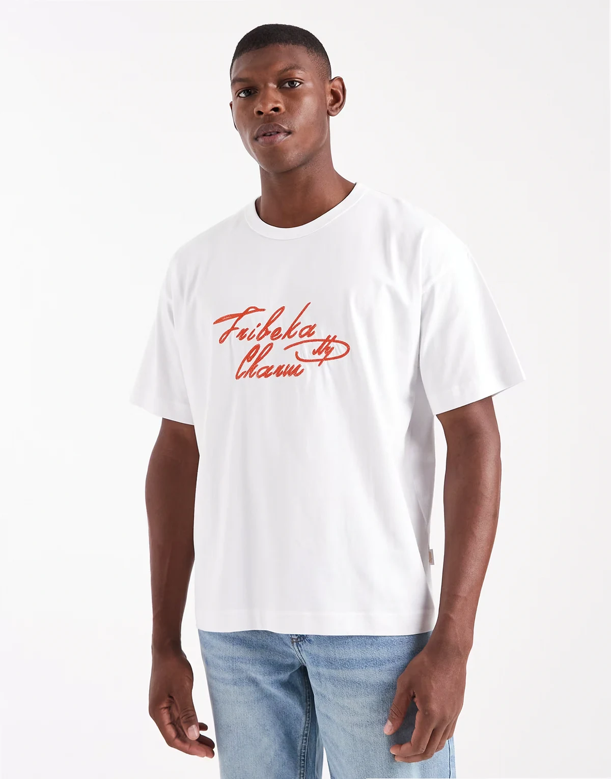 boxy cropped t-shirt with embroidered text in white