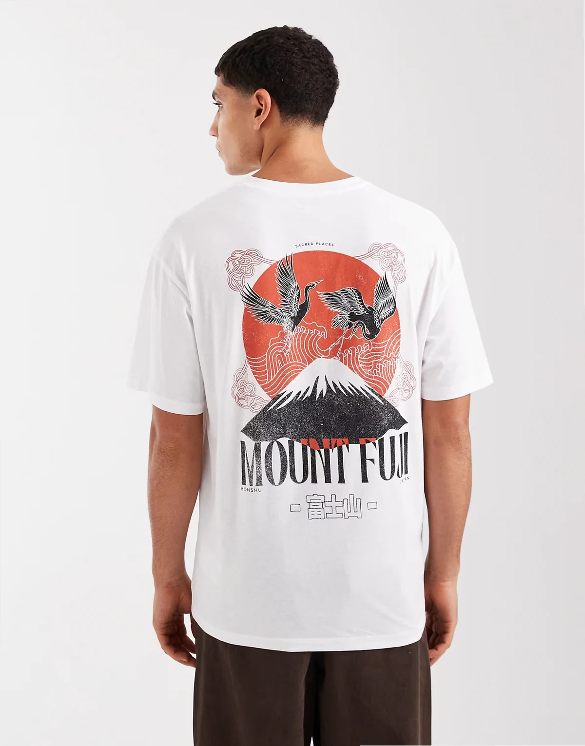Mount Fuji back print T-shirt in white and orange