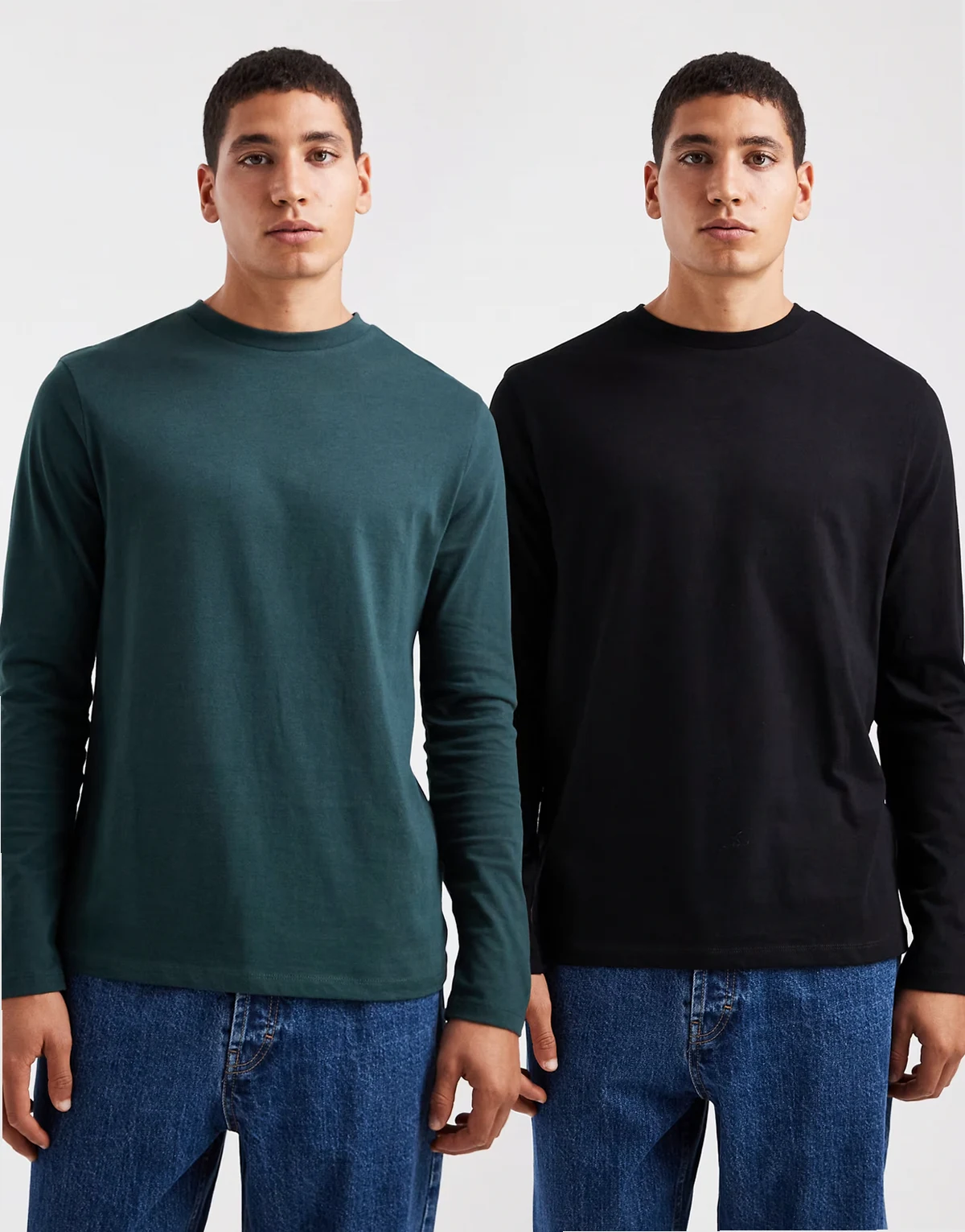 – 2er-Pack langärmlige Basic-T-Shirts in Schwarz und Dunkelgrün
