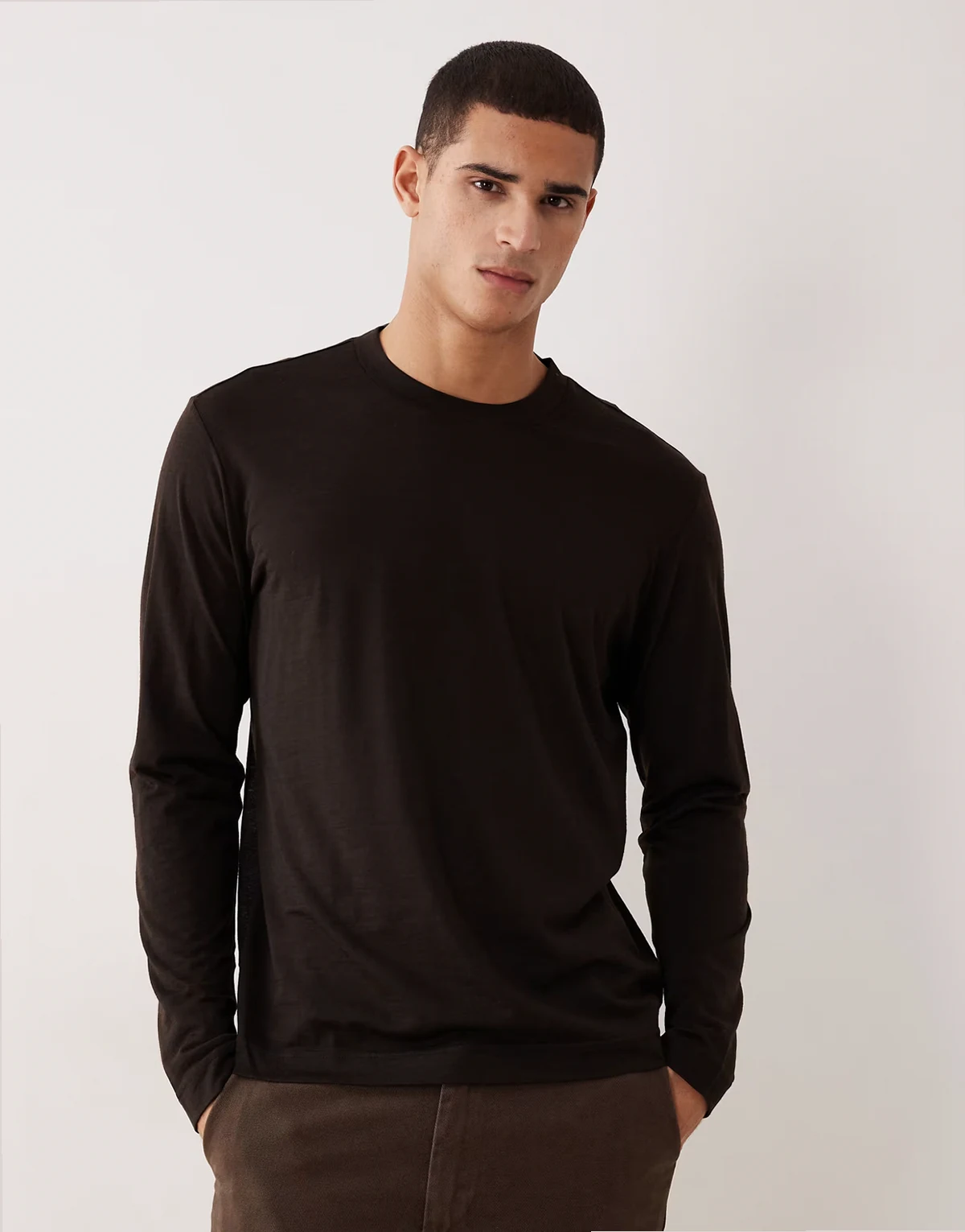 Premium – Brązowy T-shirt z długimi rękawami, z mieszanki wełny