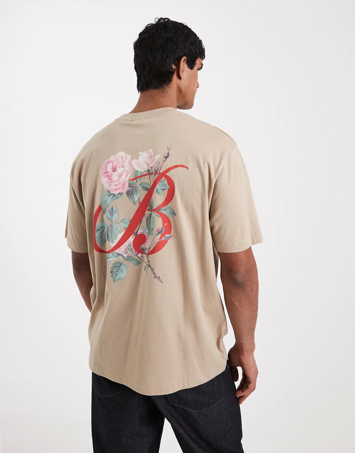 – Locker geschnittenes T-Shirt in Beige mit digitalem Blumen-Print