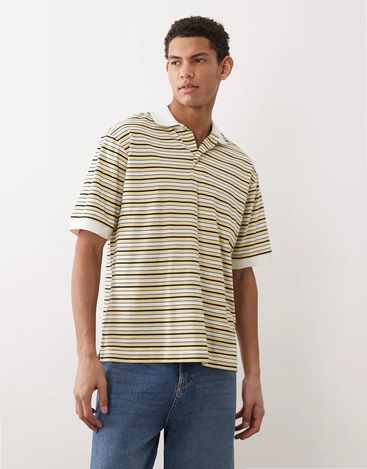 pure cotton jersey short sleeve polo shirt in yellow multi stripes