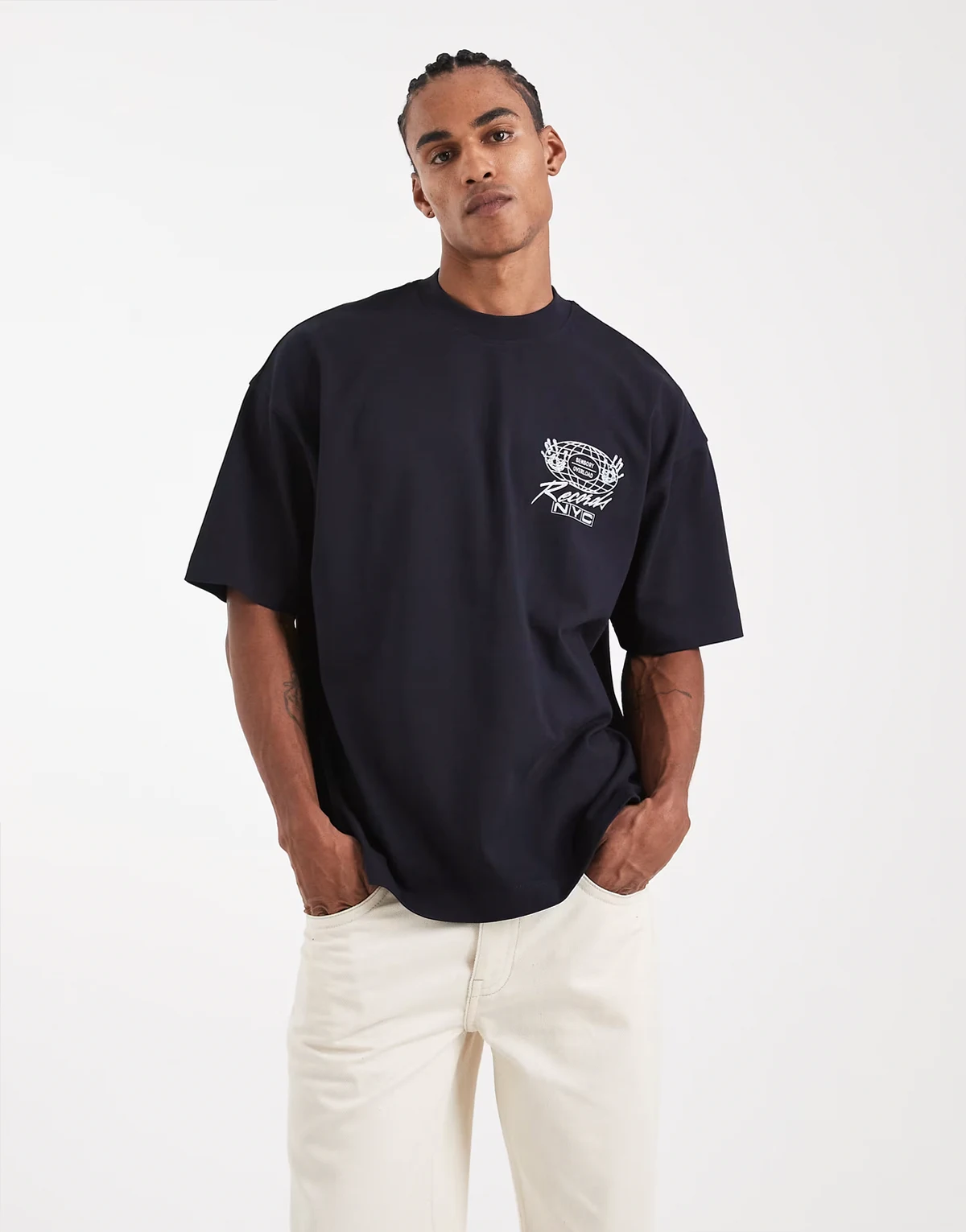 – Circular Design Collection – Bardzo gruby granatowy T-shirt oversize z grafiką z nagraniem