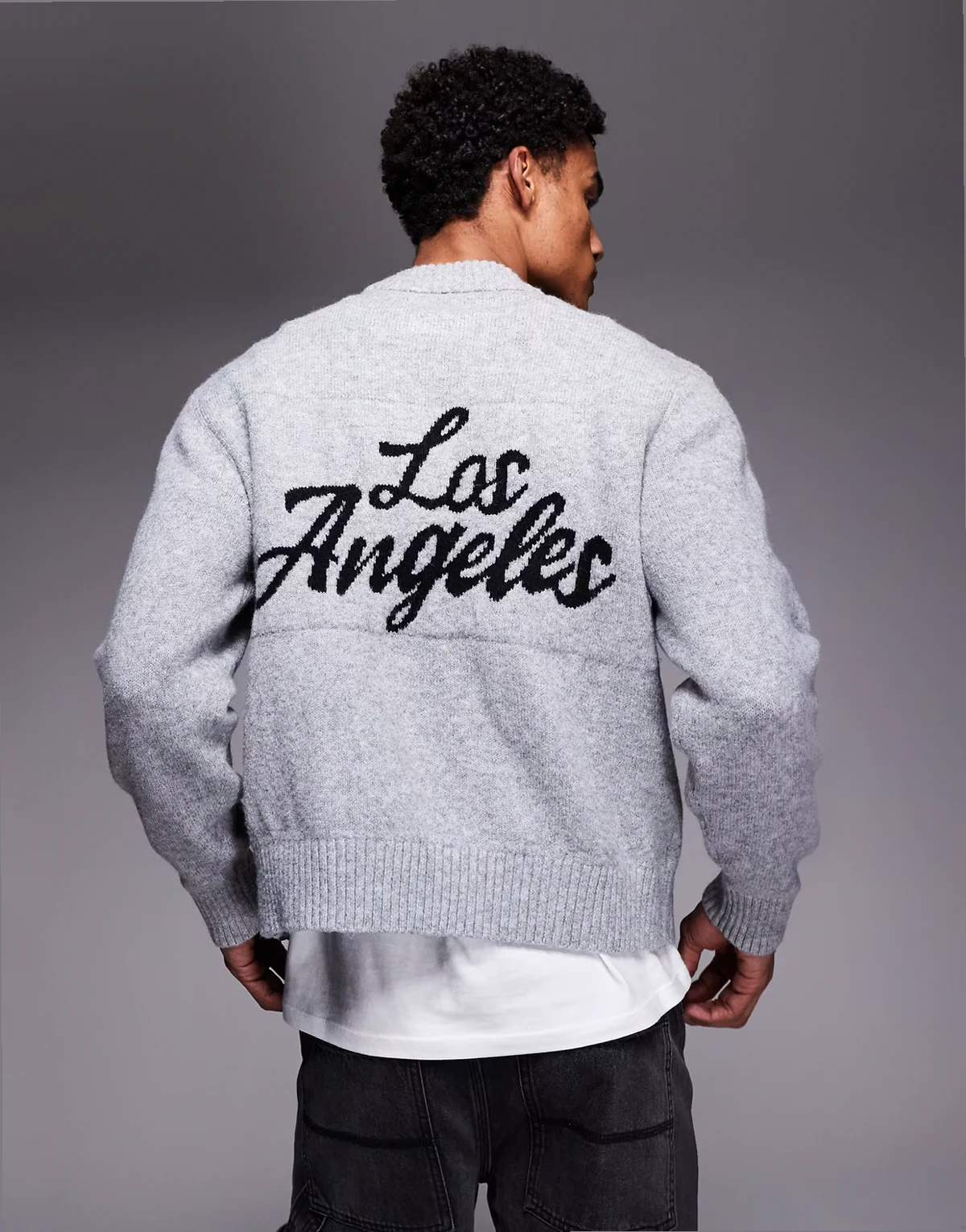 – Oversize-Strickpullover in Grau mit „Los Angeles“-Schriftzug