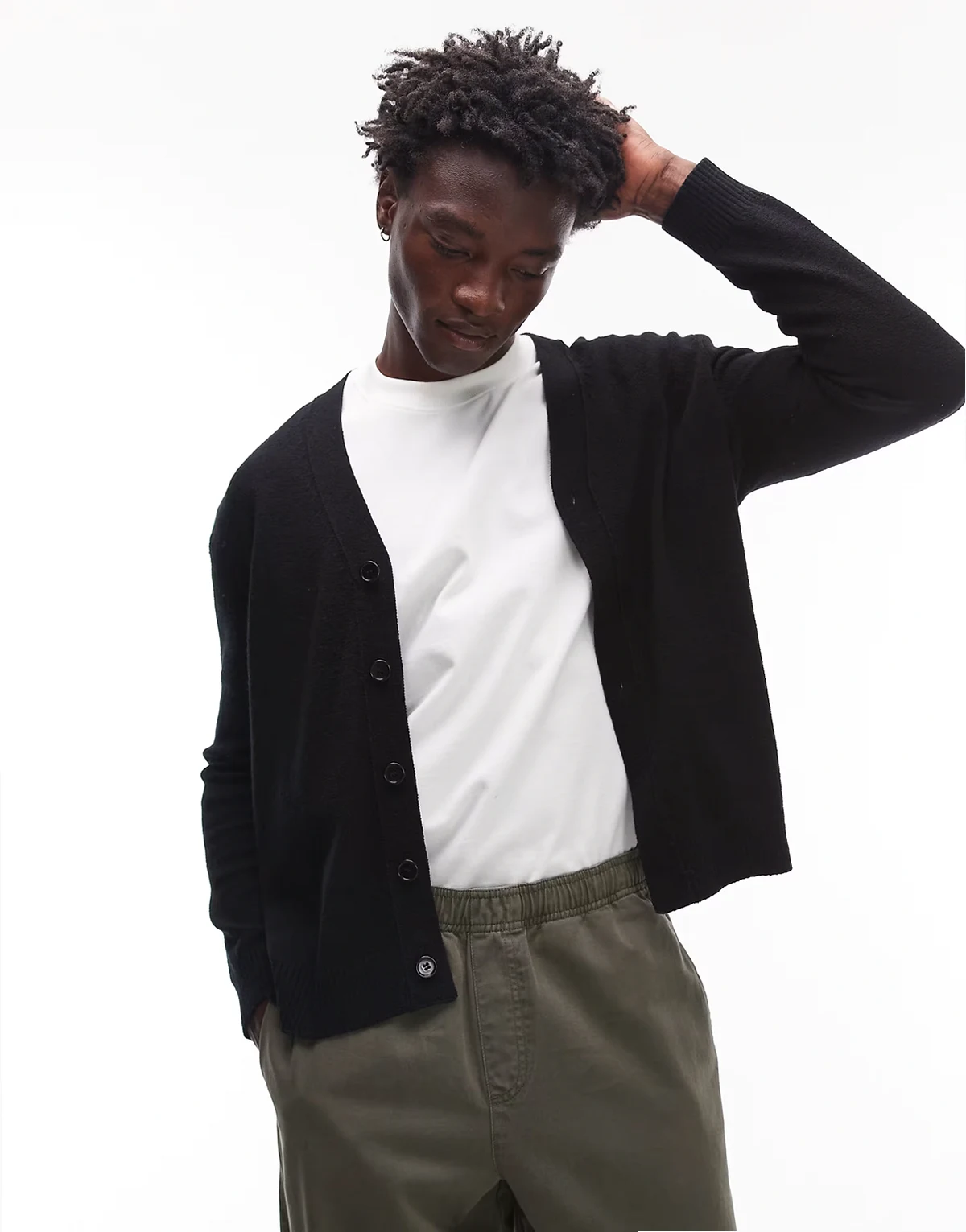 textured wool blend knitted cardigan in black