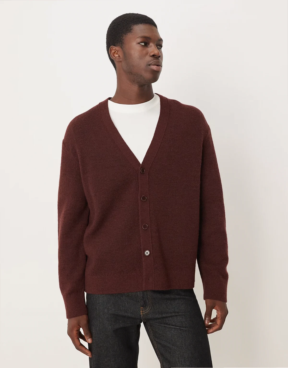 wool blend cardigan with button front in burgundy wine