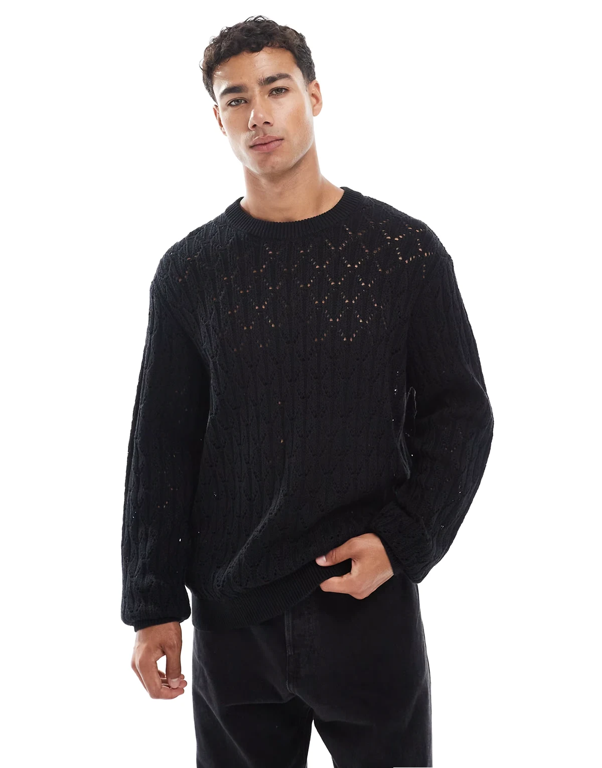 – Offenmaschiger Strickpullover in Schwarz