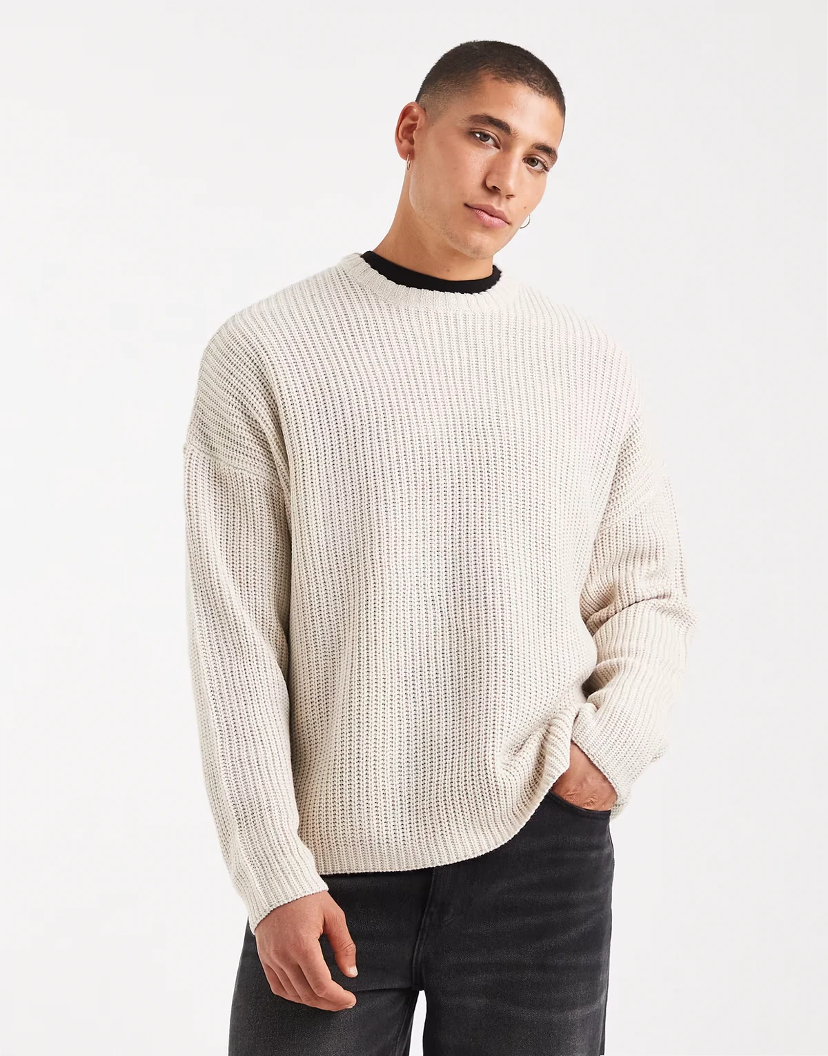 oversized fisherman rib knit sweater in stone