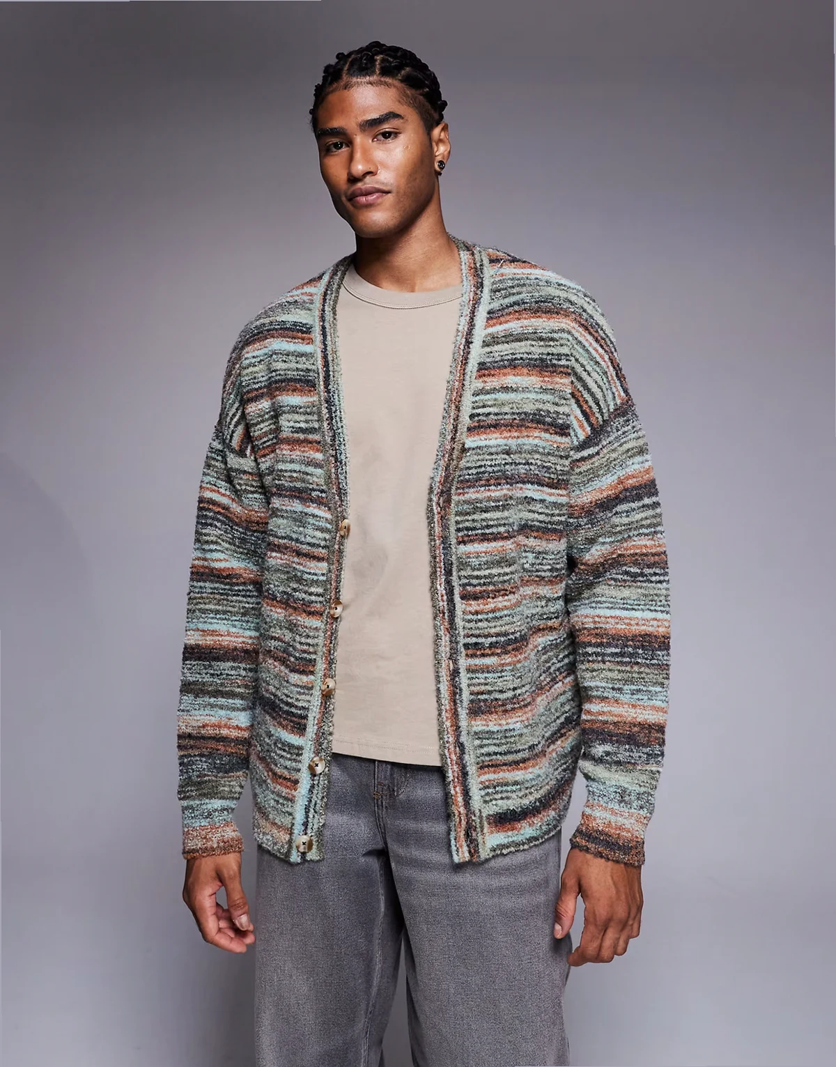 – Strukturierte Relaxed Fit Strickjacke mit bunten Streifen