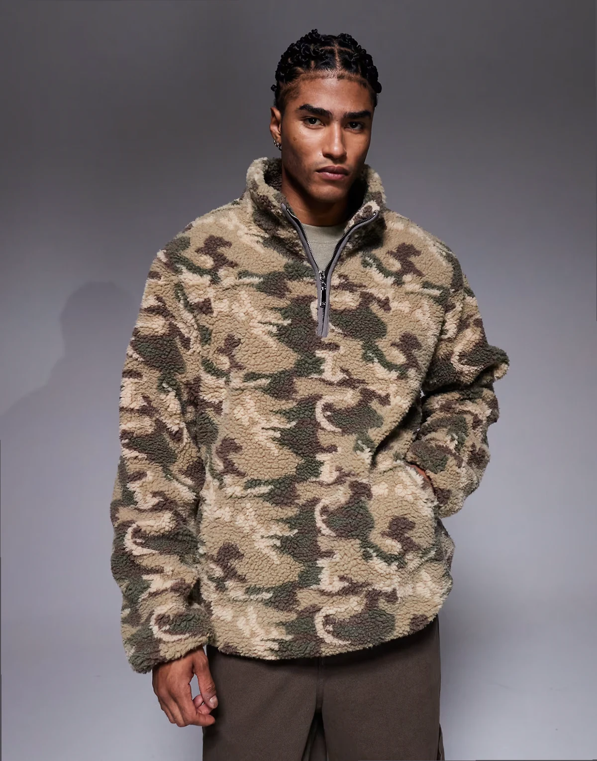 oversized 1/4 neck length borg sweater in camo