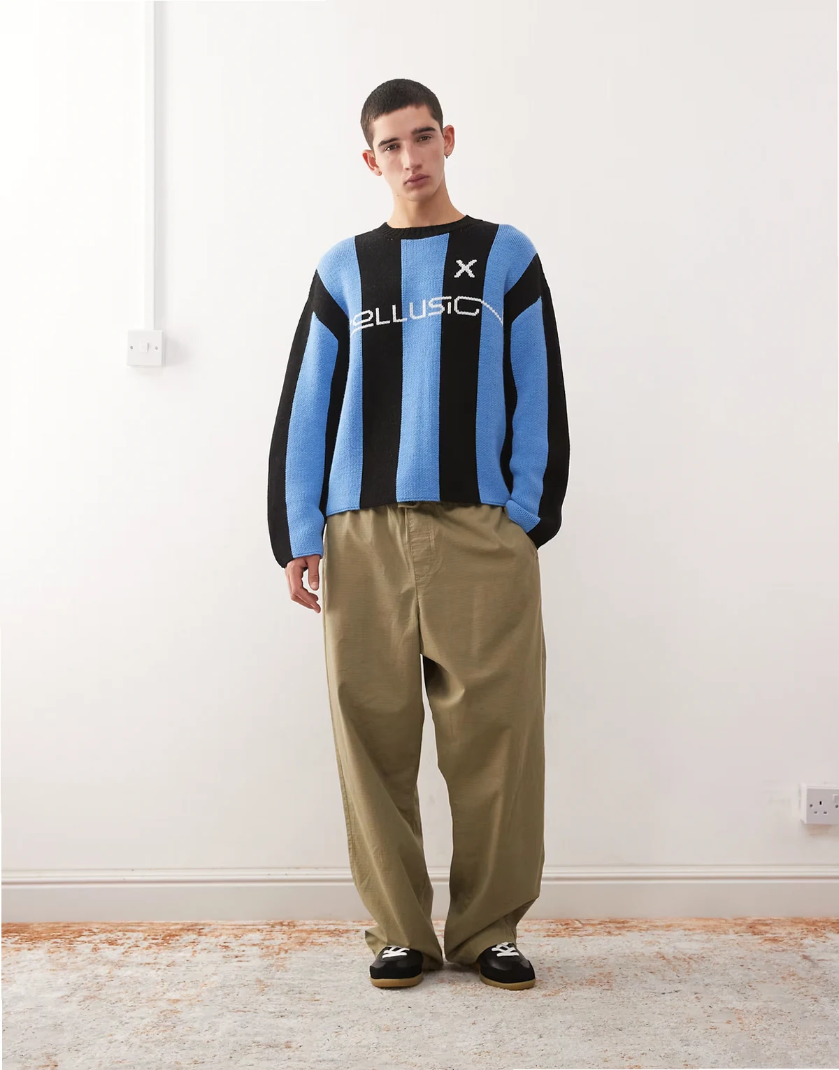 knit striped soccer sweater in blue