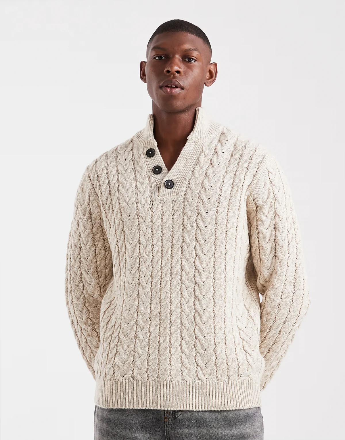 mock neck knit sweater in taupe and stone