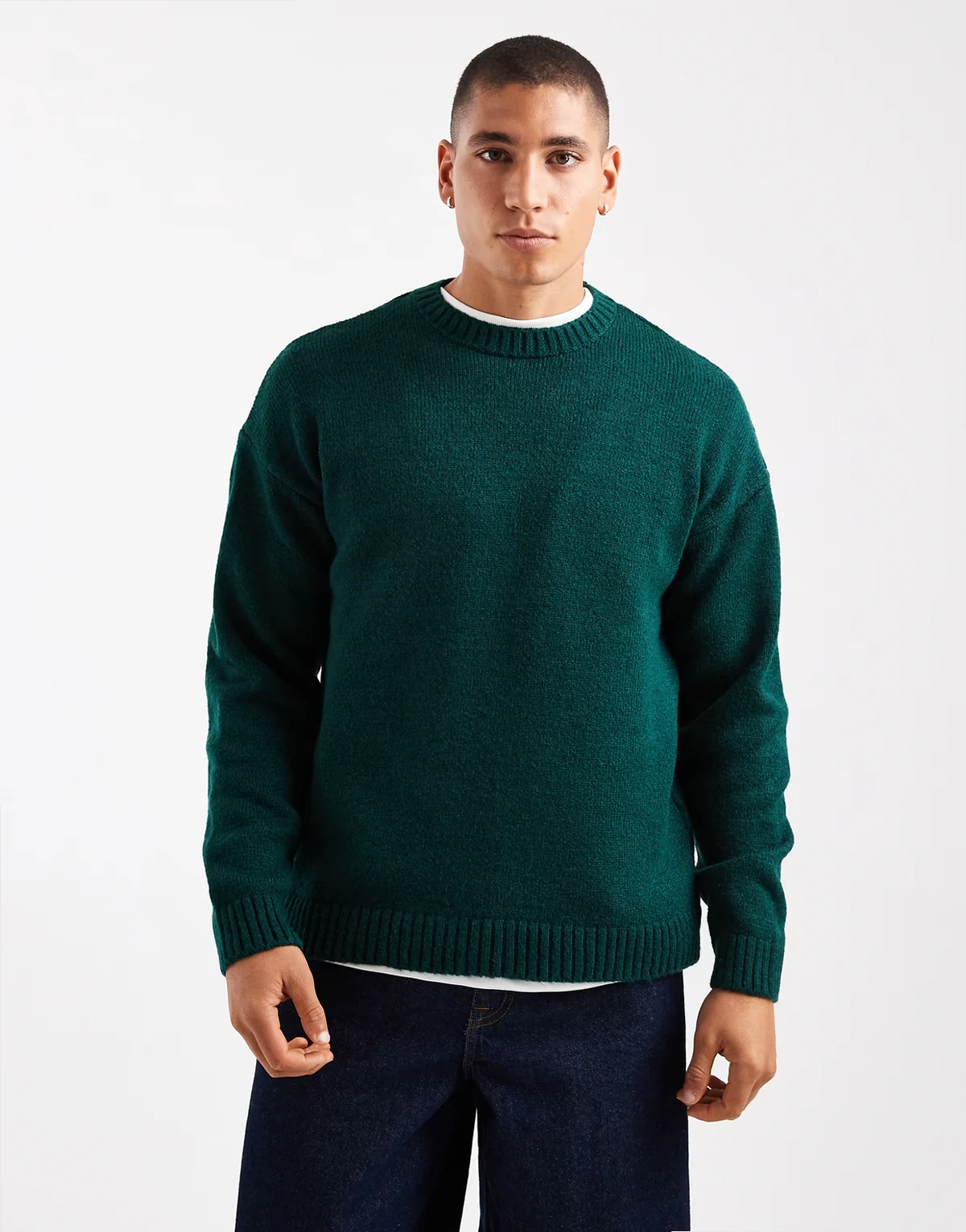– Relaxed-Fit-Strickpullover in Dunkelgrün mit Rundhalsausschnitt