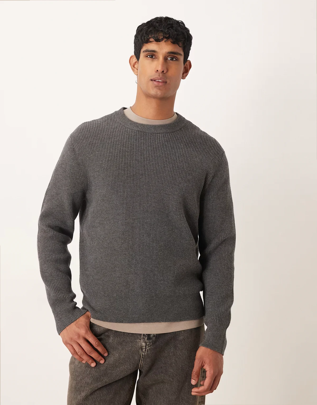 – Gerippter Relaxed-Fit-Pullover aus Wollmix in Anthrazit