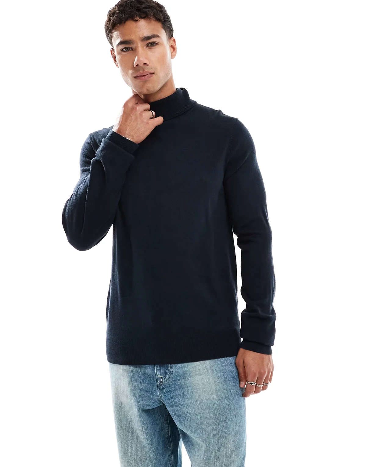 roll neck sweater in navy