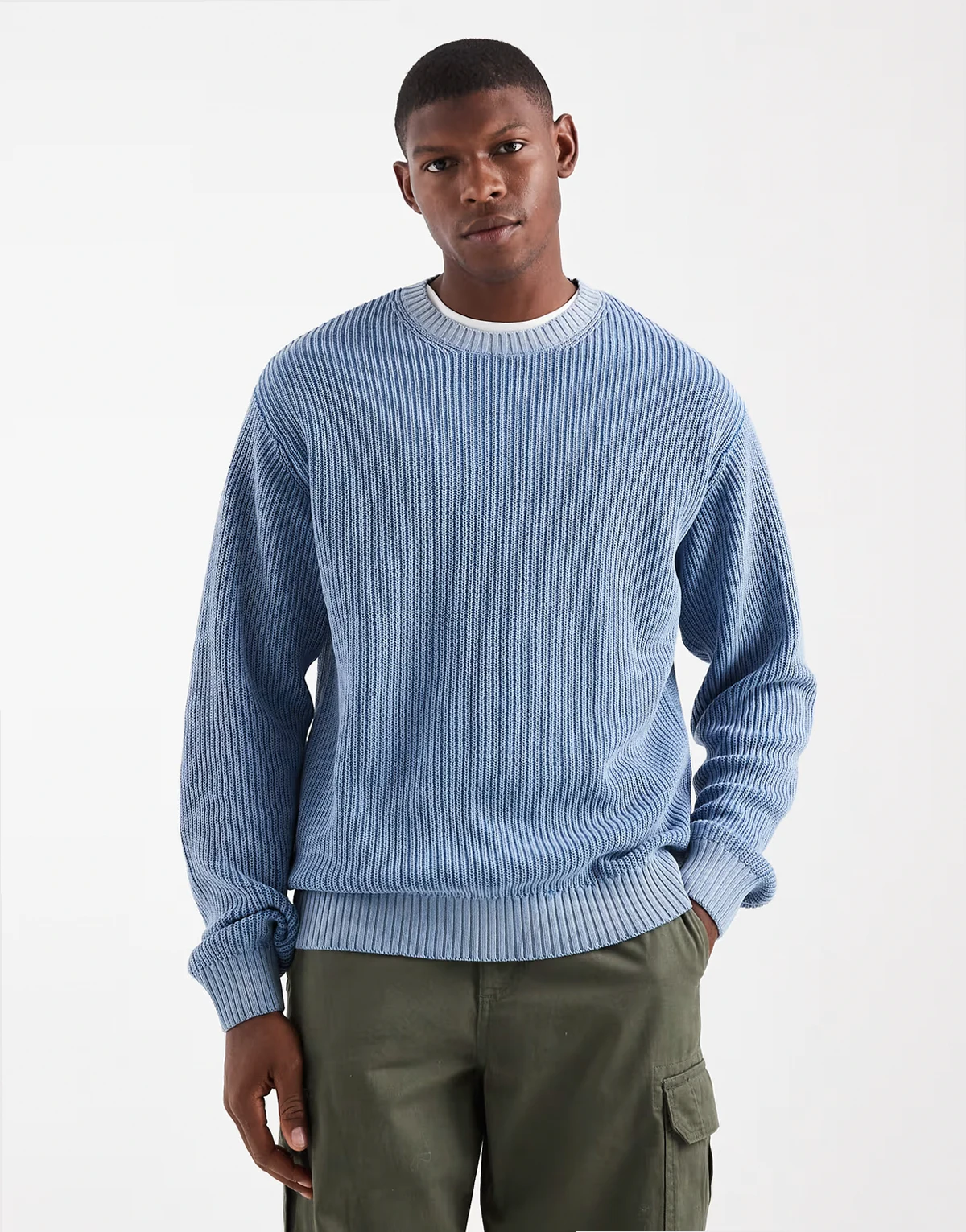 boxy knit sweater in light blue acid wash