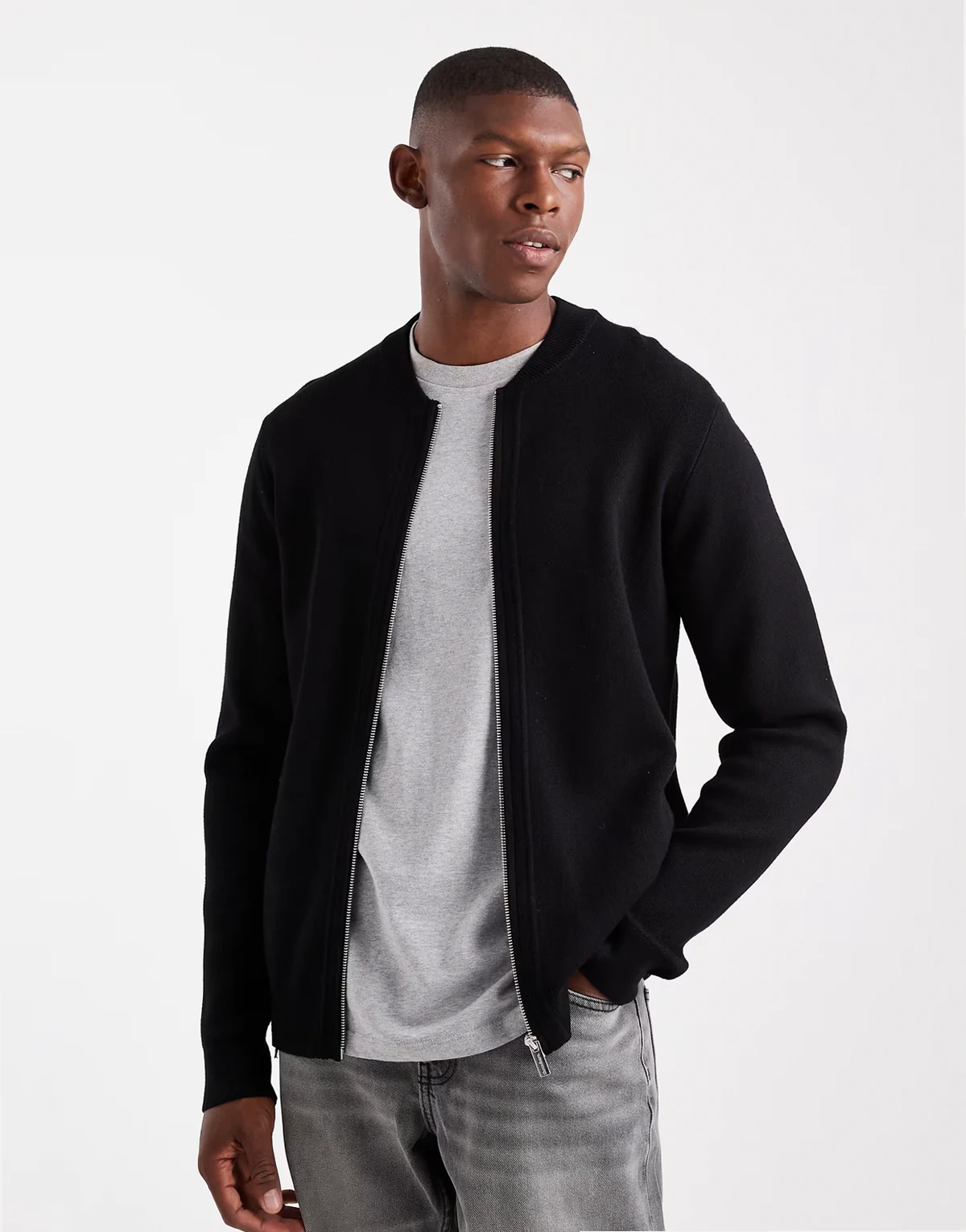 knit zip through bomber cardigan in black