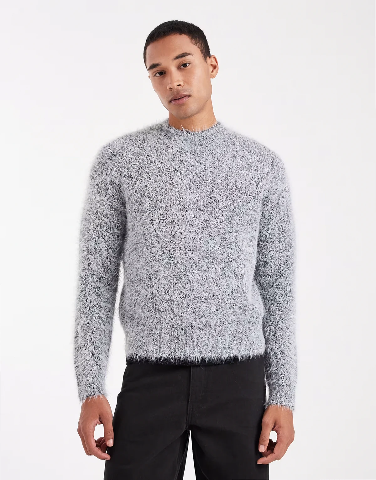 fluffy knit crew neck sweater in gray