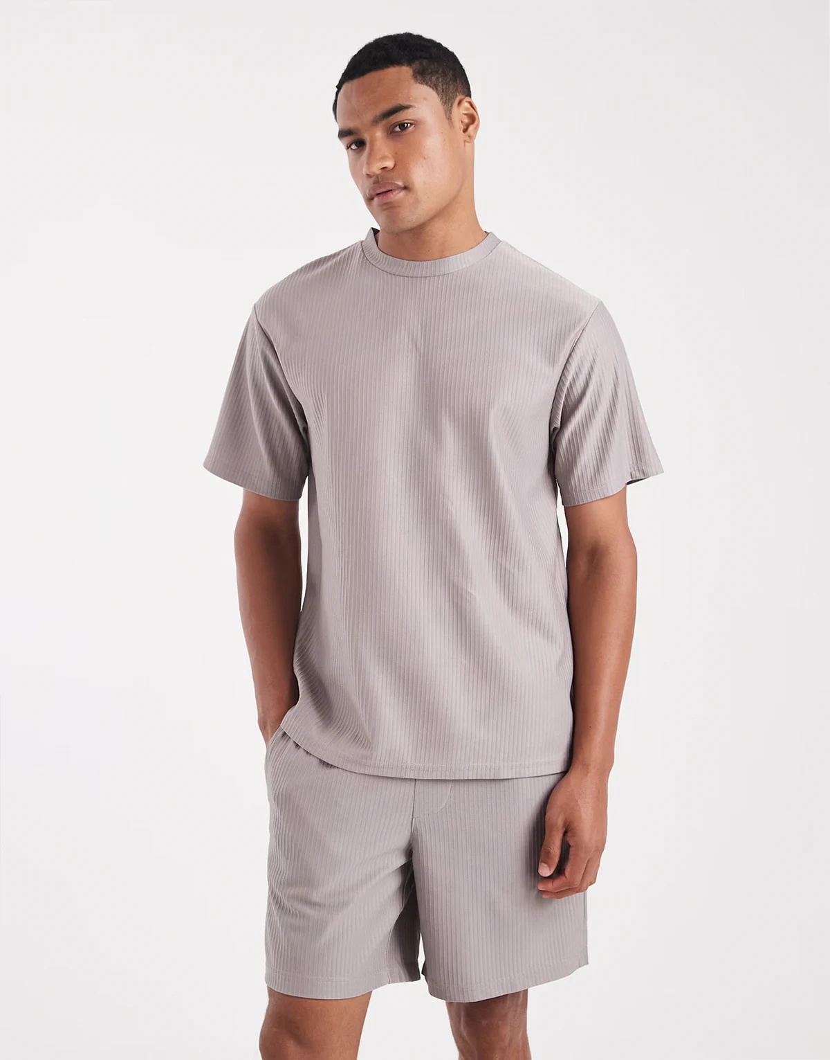 plisse pull on shorts in gray - part of a set