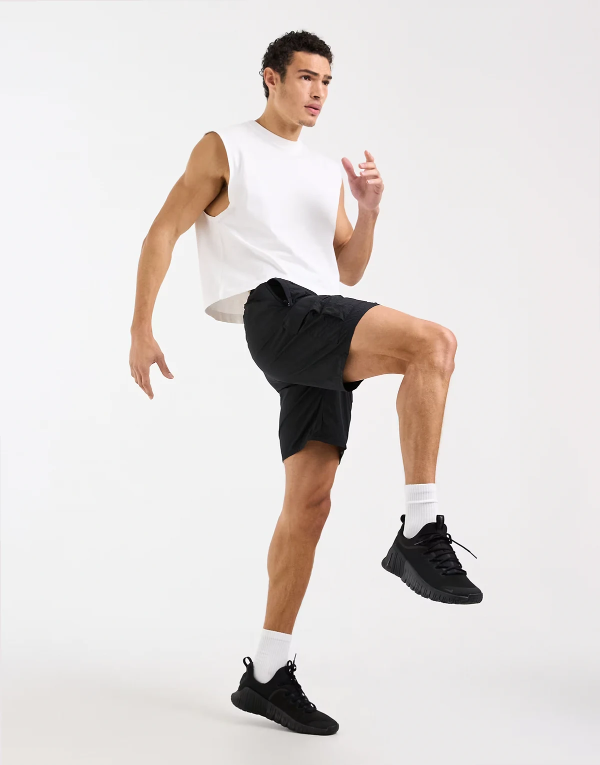 crinkle nylon 7" cargo training short with zip pockets in black