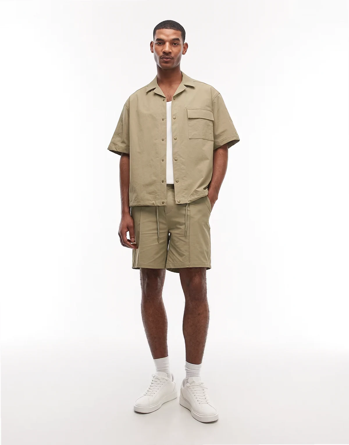motionMAX™ four way stretch short length shorts in khaki with pintucks - part of a set