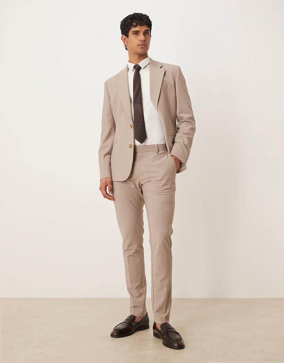 skinny wool rich suit pants in beige