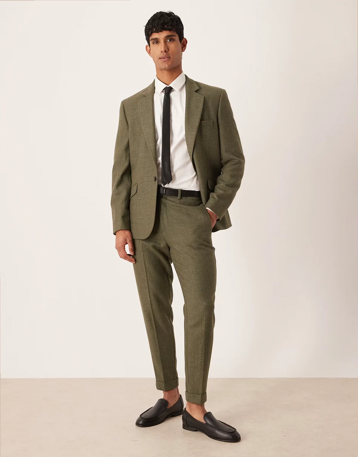 tapered suit pants in dark green plaid