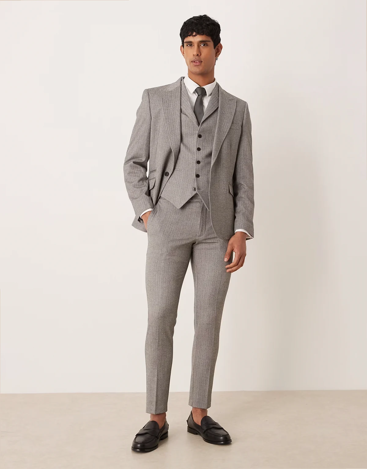 skinny suit pants in gray herringbone flannel