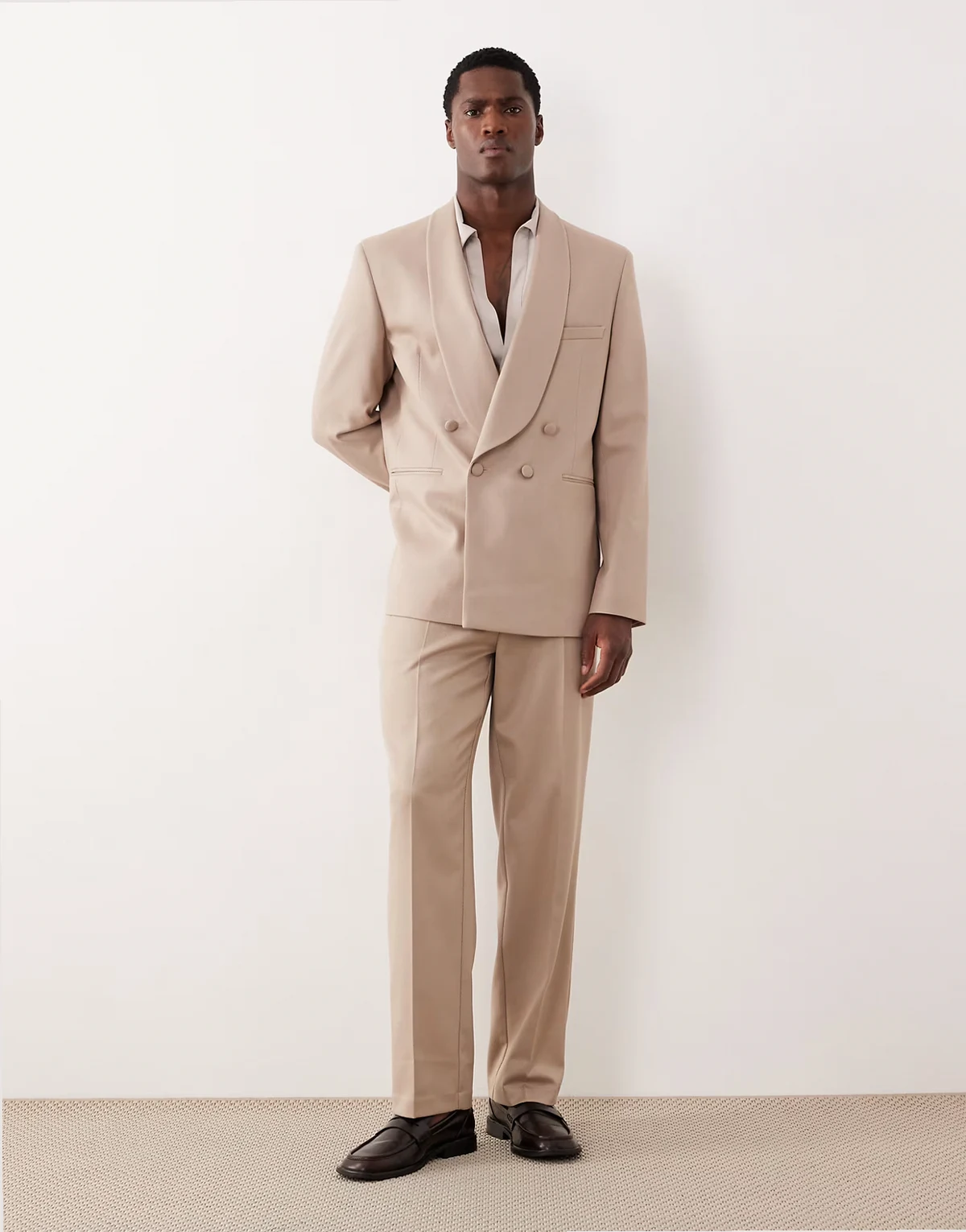 straight leg tuxedo pants in stone contrast twill