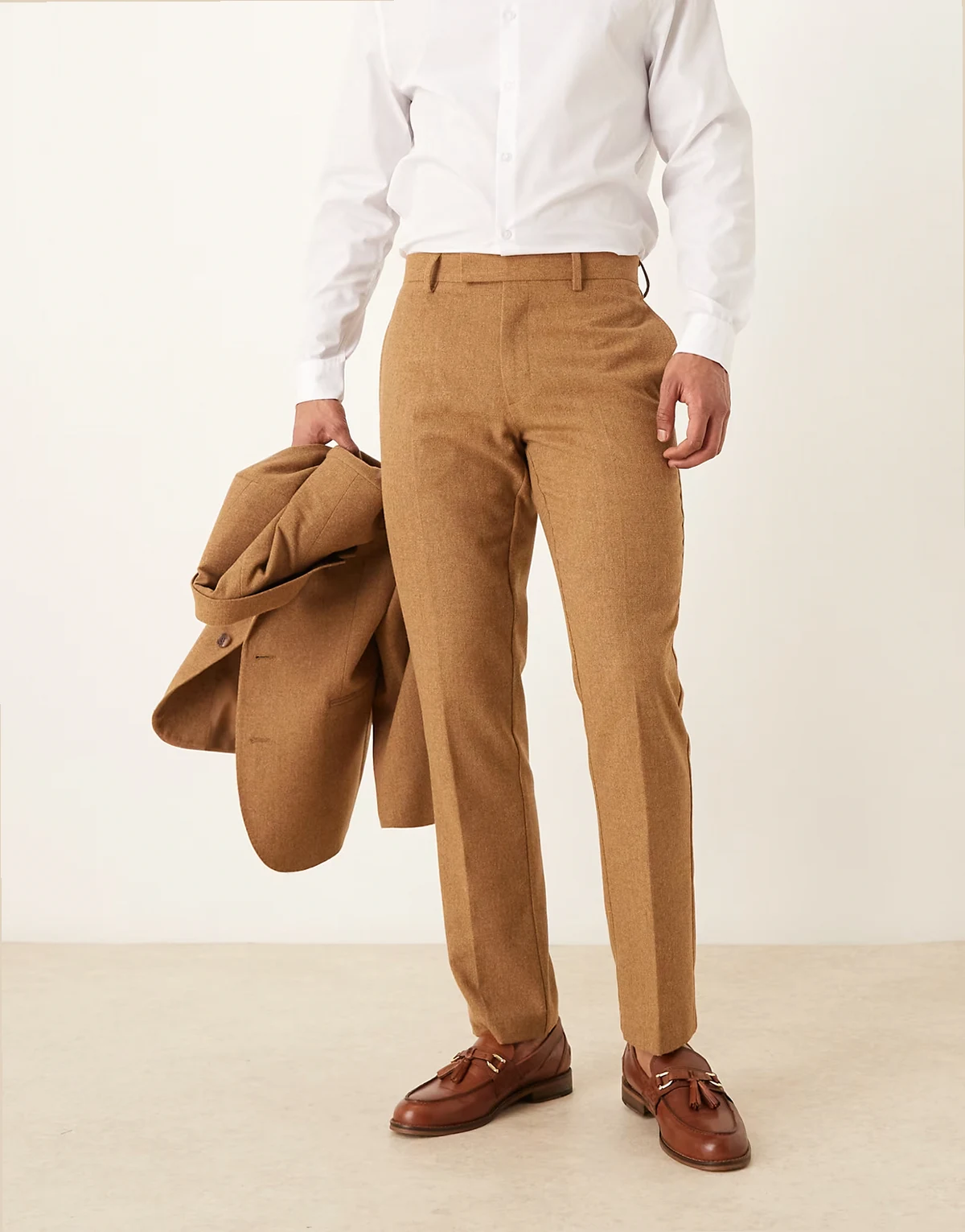 wool blend slim suit pants in brown
