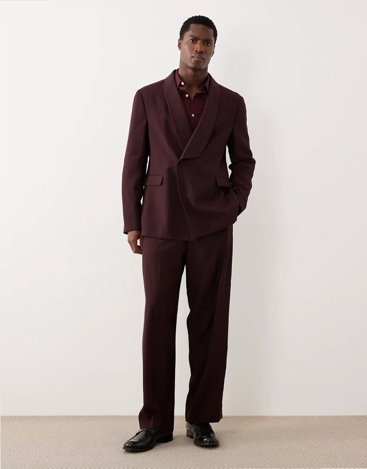wide leg tuxedo suit pants in burgundy