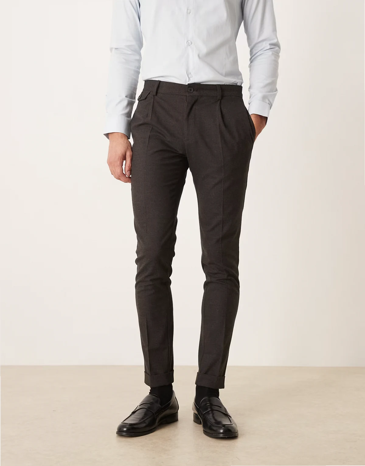skinny suit pants in charcoal wool look herringbone
