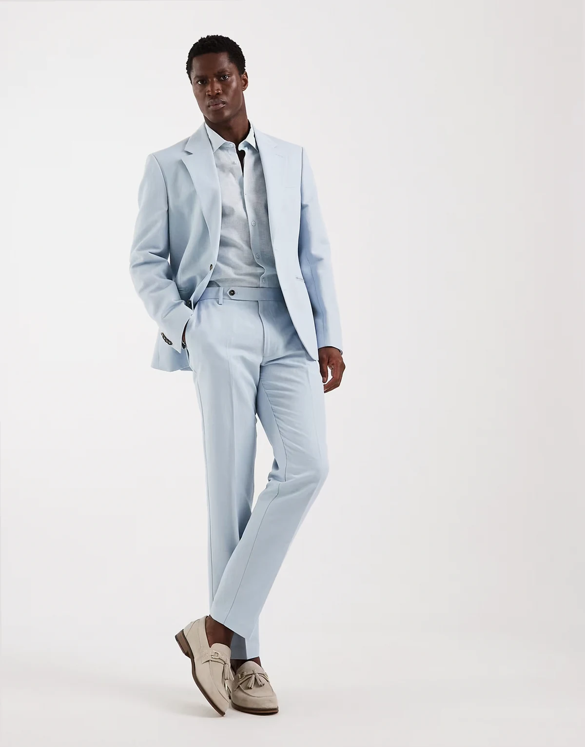 slim suit pants in linen-rich light blue twill
