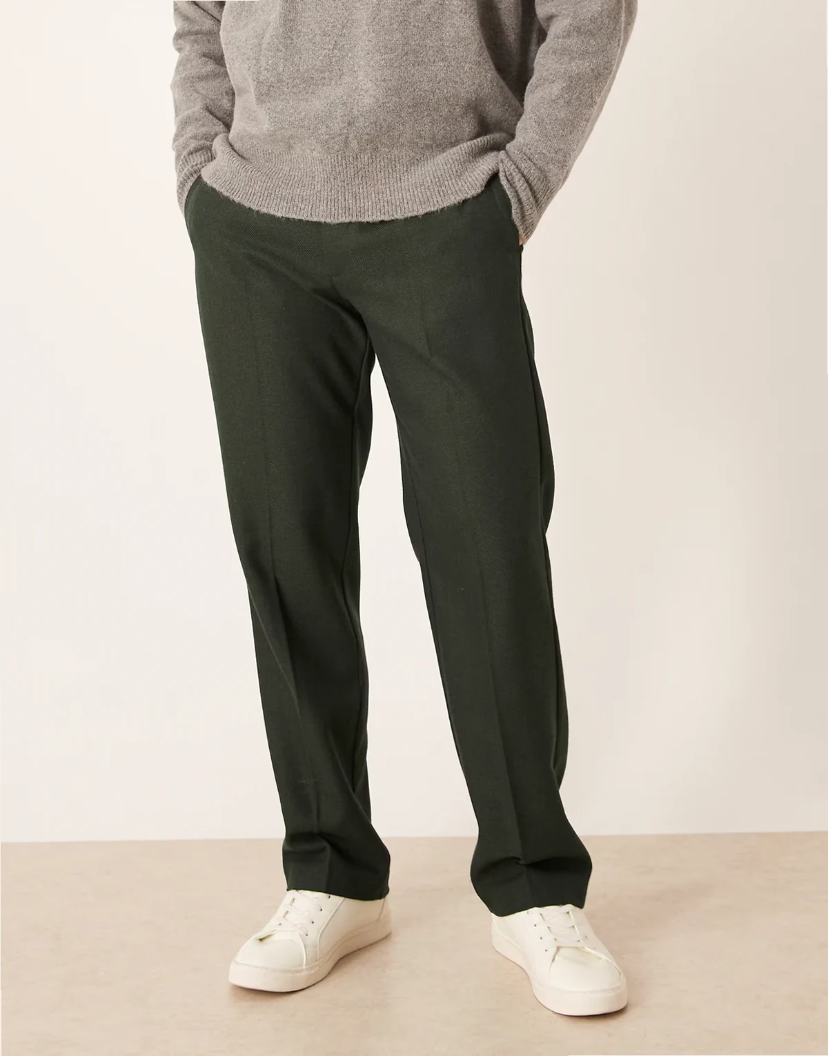 – Elegante Straight-Leg-Hose in Grün mit Wollanteil und Fischgrätmuster