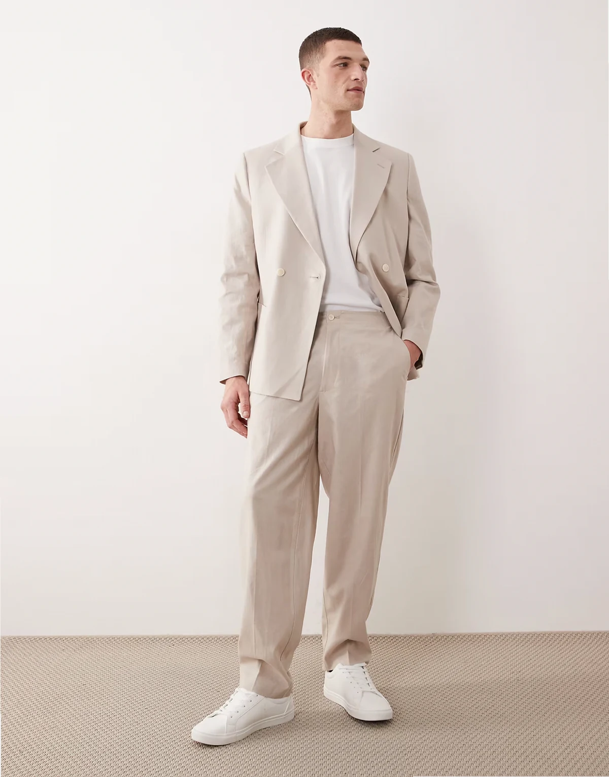 oversized tapered suit pants in stone with linen