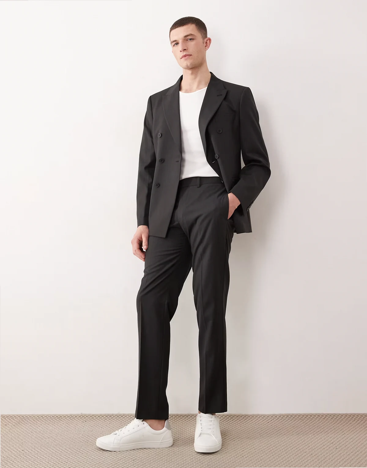 slim suit pants in black subtle stripes