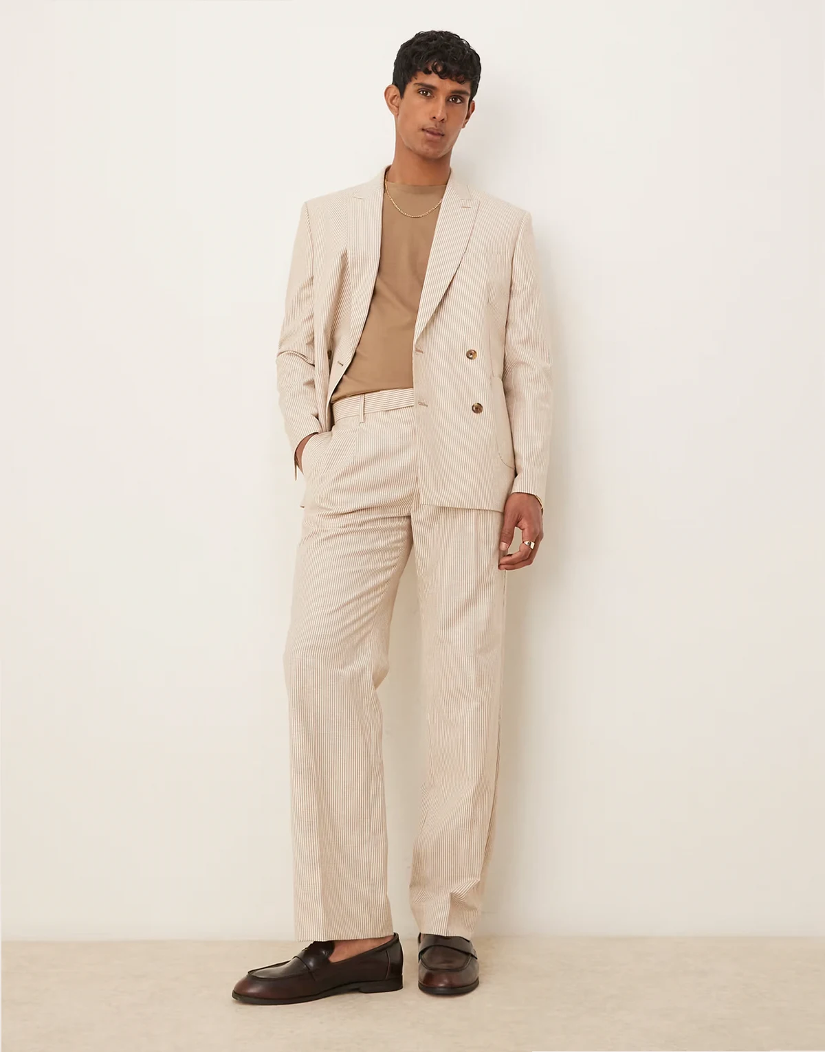 linen mix straight leg suit pants in stone stripes
