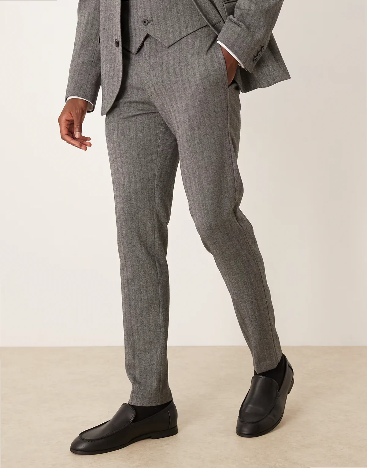 wool look skinny suit pants in charcoal gray herringbone