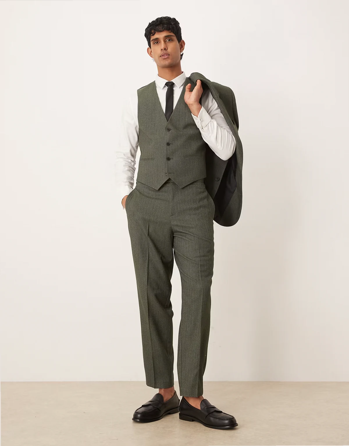 relaxed tapered suit pants in dark green herringbone
